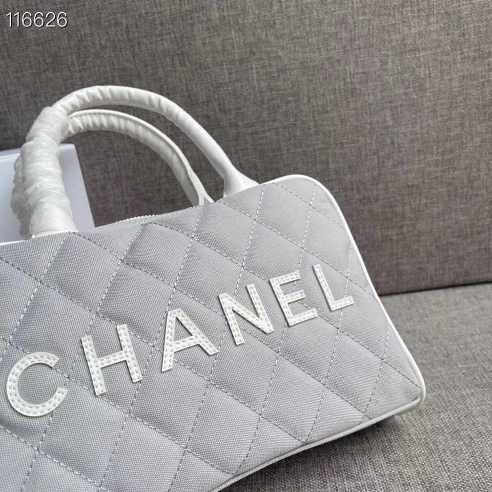 Chanel Vintage Logo Bowler Quilted Medium Gray Canvas Tote replica