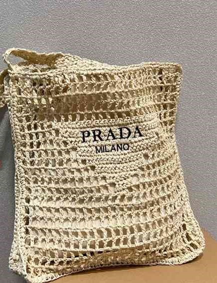 PRADA Raffia Embroidered Logo Tote Bag